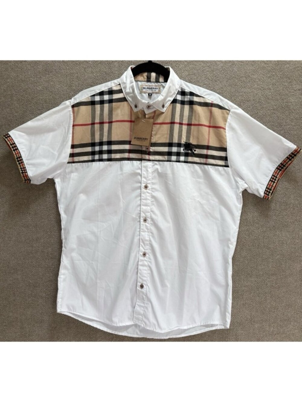 Burberry London Men's G Shirt White Plaid Short Sleeve Collar Embroidered NWT